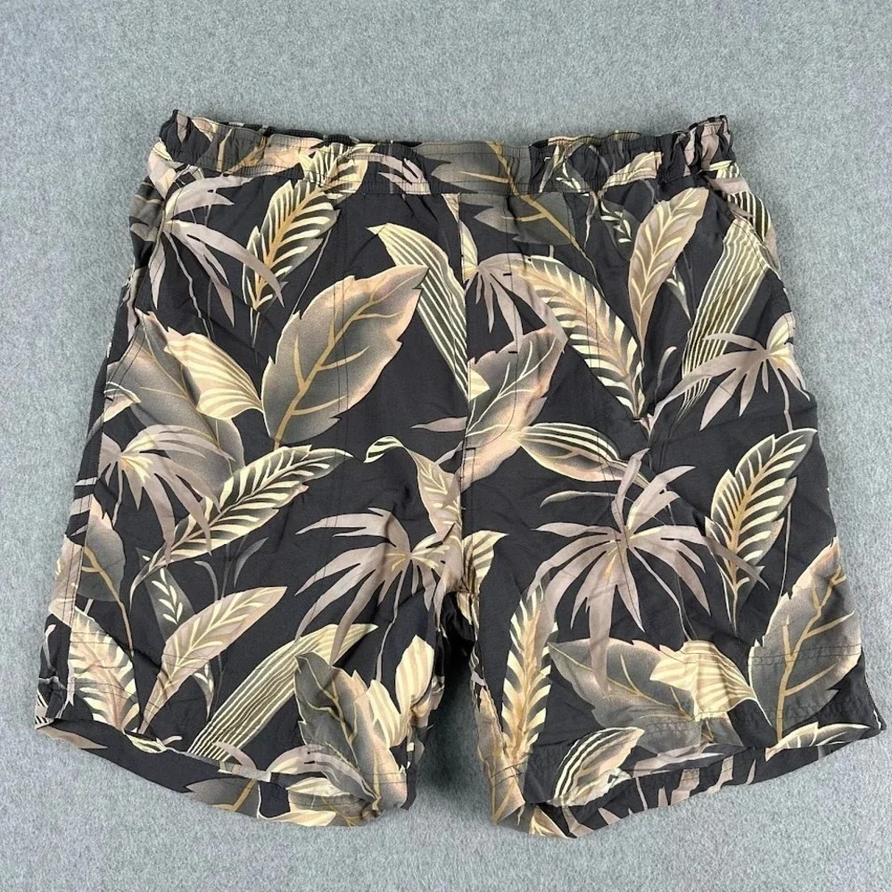 Tommy Bahama Mens Large Shorts Black Tropical Leaf Print Swim Trunks Board Short